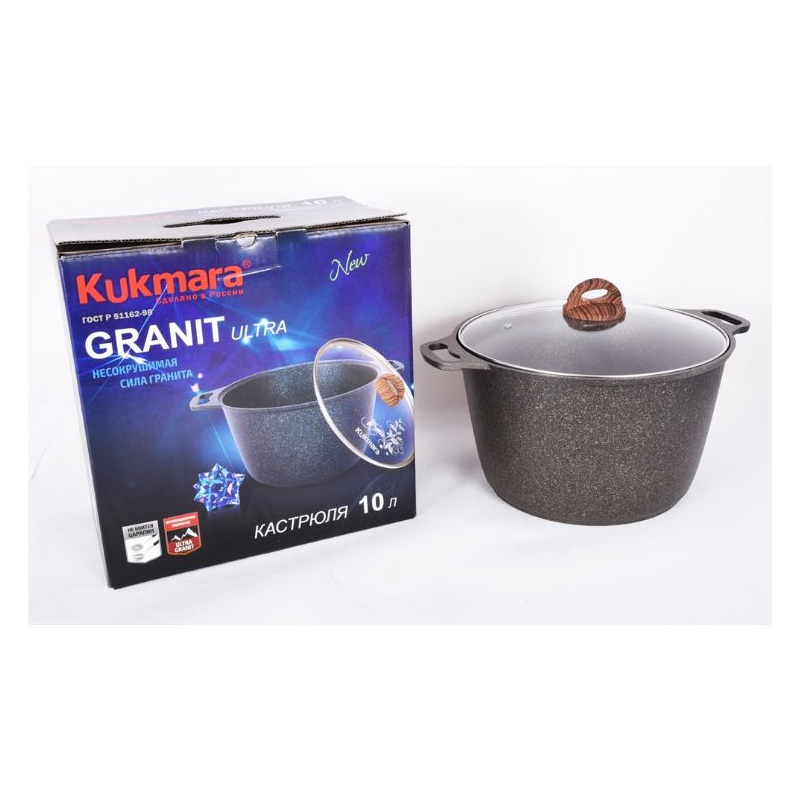 Кастрюля Kukmara Granit ultra,10л со стеклянной крышкой, антипригар, Original (кго102а)