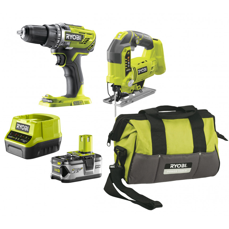 Наборы инструментов RYOBI R18DDJS-220S дрель-шуруповерт и лобзик (5133003575), 6 предметов